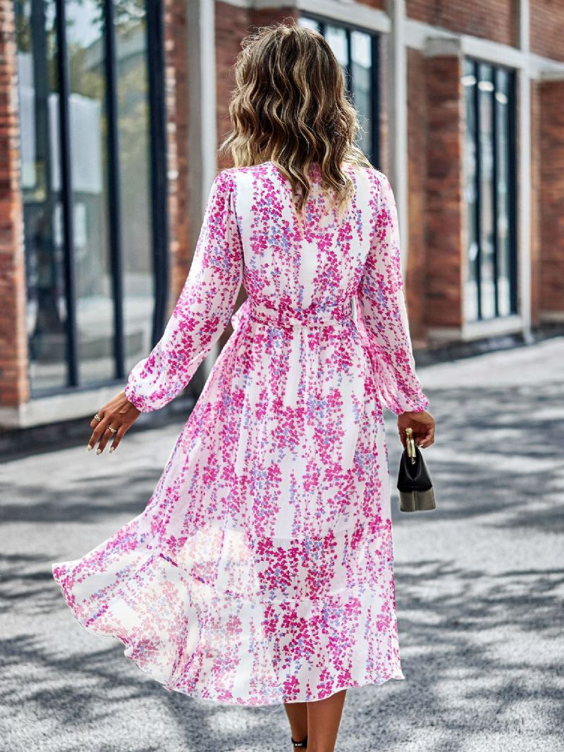 Boho-jurk Dames V-hals Lange Mouwen Bloemenprint Strandjurk Met Veters - Roze