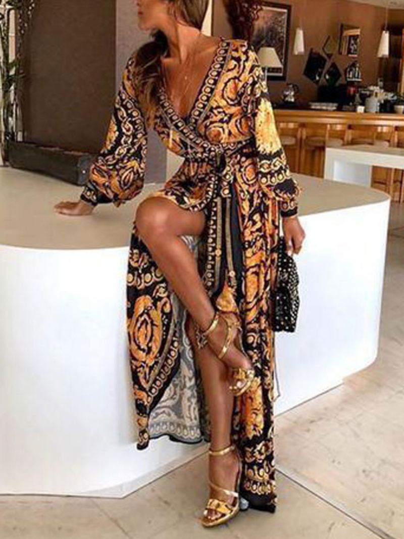 Boho Maxi-jurken Met Lange Mouwen Bedrukte V-hals Split Jurk Dames - Gouden