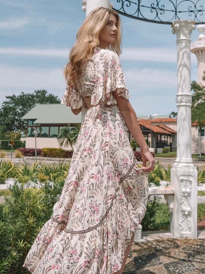 Boho Zomerjurk Dames V-hals Korte Mouwen Bedrukt Hoog Laag Uitgesneden Strandjurk - Roze