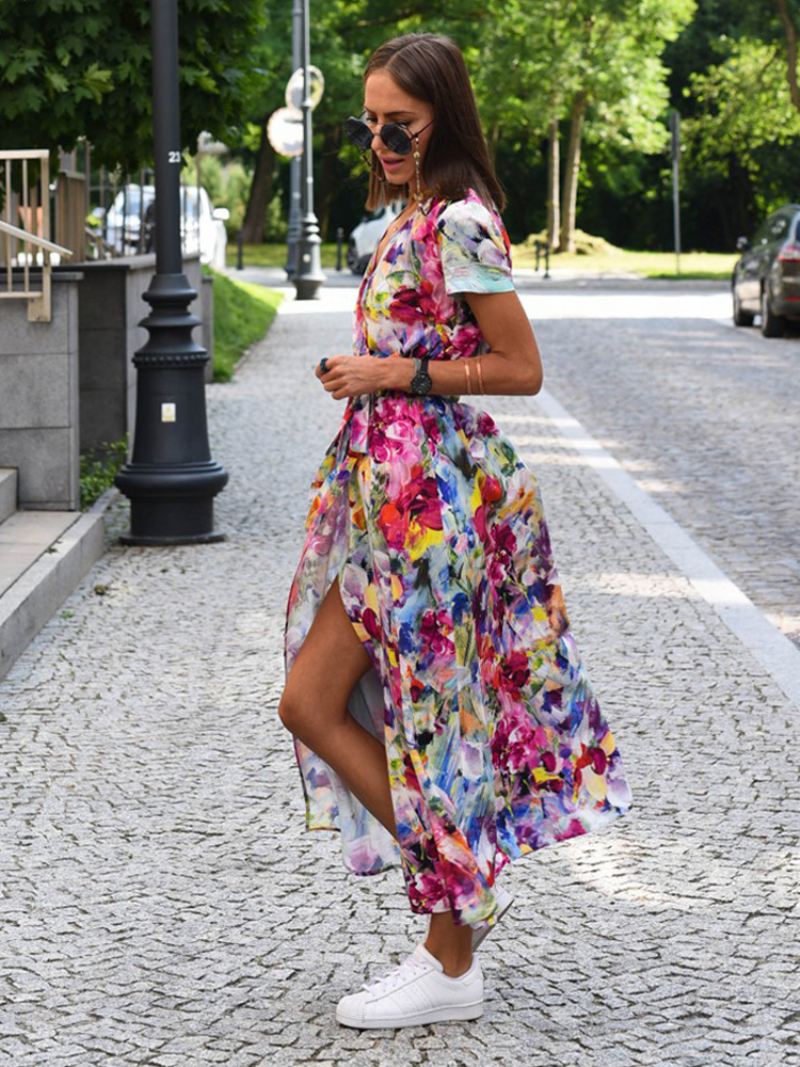 Dames Bedrukte Wikkeljurk Met V-hals Korte Mouwen Riem Casual Zomer Midi-jurken - Rood