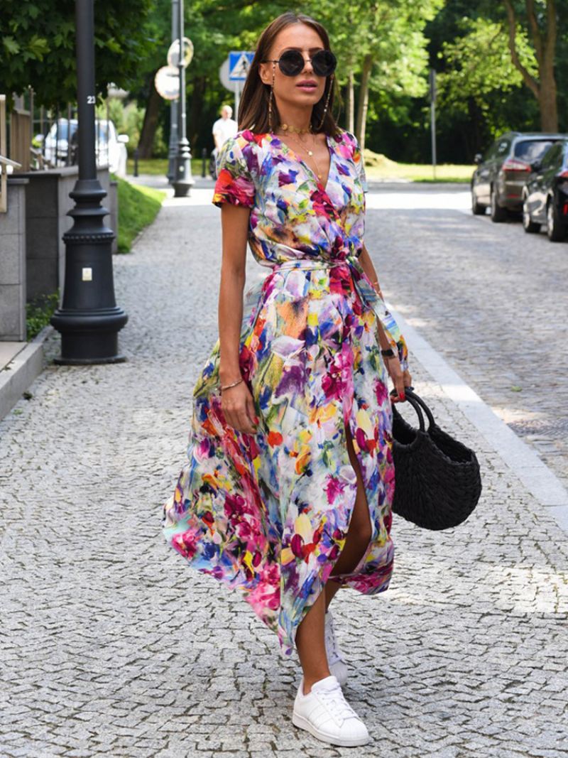 Dames Bedrukte Wikkeljurk Met V-hals Korte Mouwen Riem Casual Zomer Midi-jurken - Rood