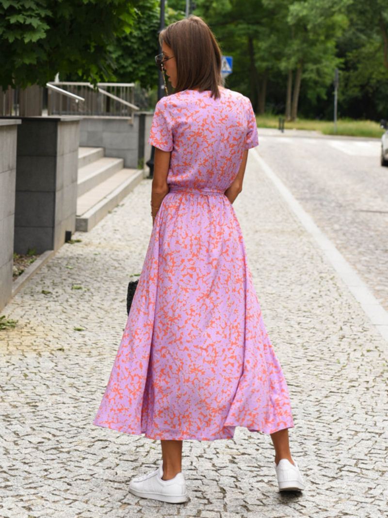 Dames Bedrukte Wikkeljurk Met V-hals Korte Mouwen Riem Casual Zomer Midi-jurken - Roze