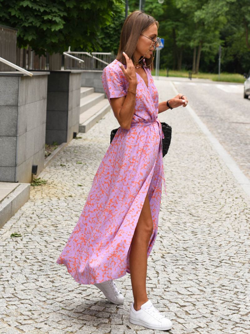 Dames Bedrukte Wikkeljurk Met V-hals Korte Mouwen Riem Casual Zomer Midi-jurken - Roze