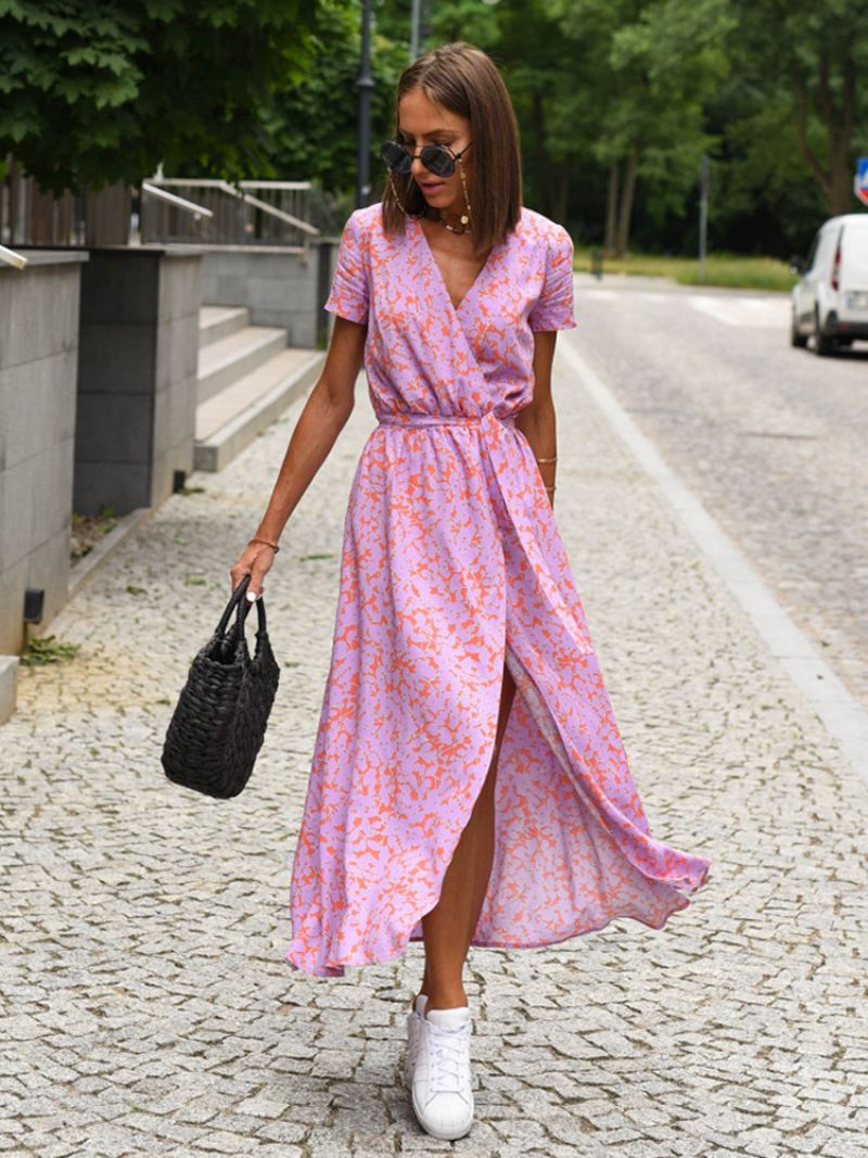 Dames Bedrukte Wikkeljurk Met V-hals Korte Mouwen Riem Casual Zomer Midi-jurken - Roze