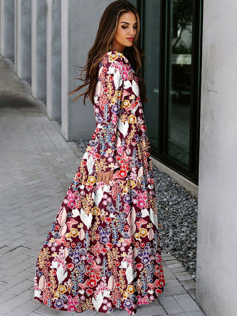 Dames Bloemen Maxi-jurk V-hals Lange Mouwen Boho-jurken - Paars