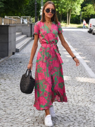 Dames Bloemen Maxi-jurken Bedrukt Vetersluiting V-hals Korte Mouwen Split Voorkant Casual Zomer Lang