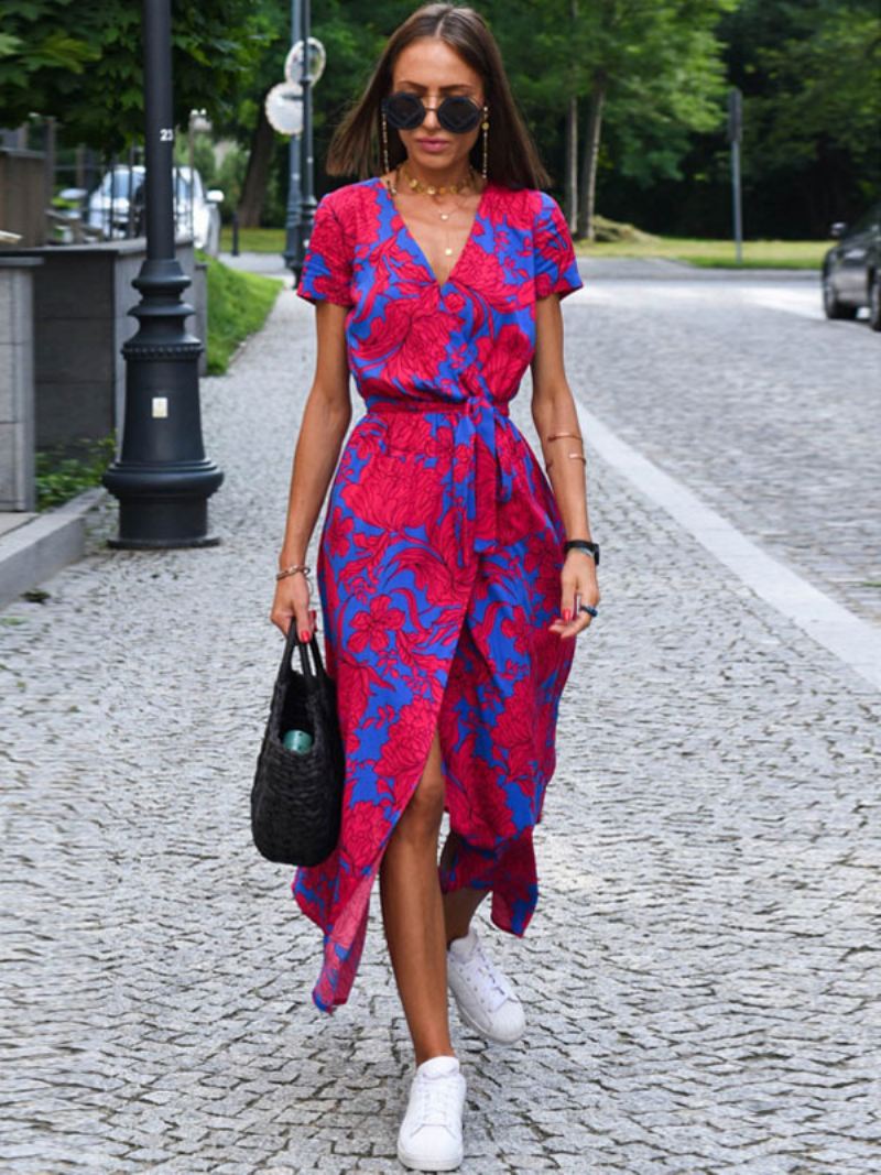 Dames Bloemen Maxi-jurken Bedrukt Vetersluiting V-hals Korte Mouwen Split Voorkant Casual Zomer Lang - Rood