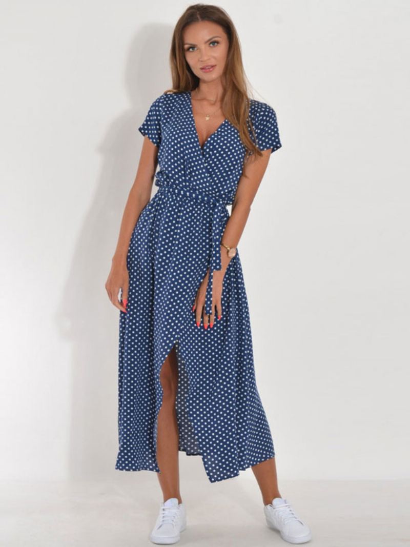 Dames Bloemen Maxi-jurken Bedrukt Vetersluiting V-hals Korte Mouwen Split Voorkant Casual Zomer Lang - Blauw