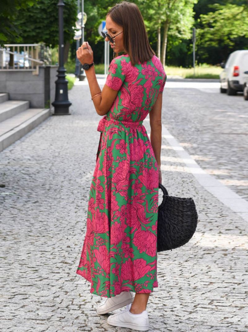 Dames Bloemen Maxi-jurken Bedrukt Vetersluiting V-hals Korte Mouwen Split Voorkant Casual Zomer Lang - Roze