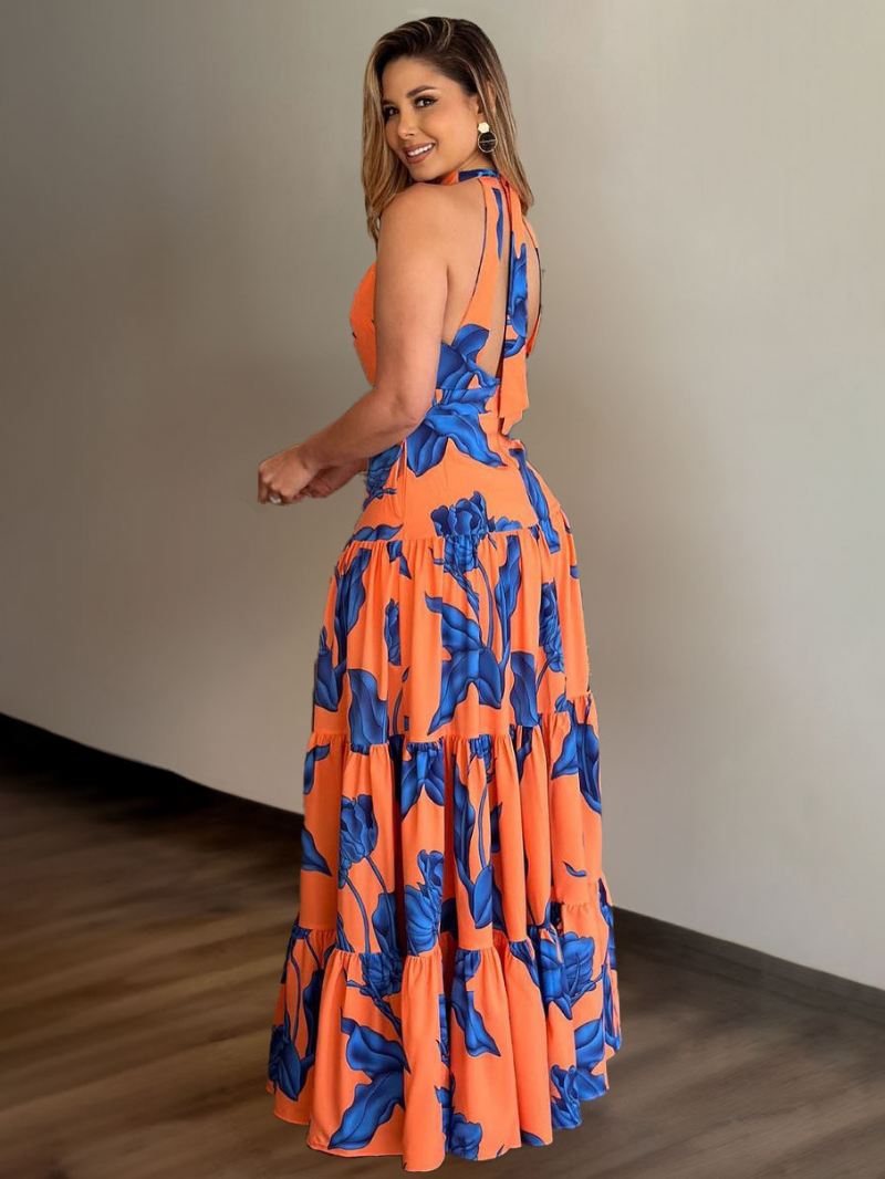 Dames Bloemenjurk Maxi-jurken Bedrukt Mouwloos Halter Elegant Veters Lente - Oranje