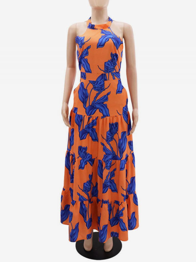 Dames Bloemenjurk Maxi-jurken Bedrukt Mouwloos Halter Elegant Veters Lente - Oranje