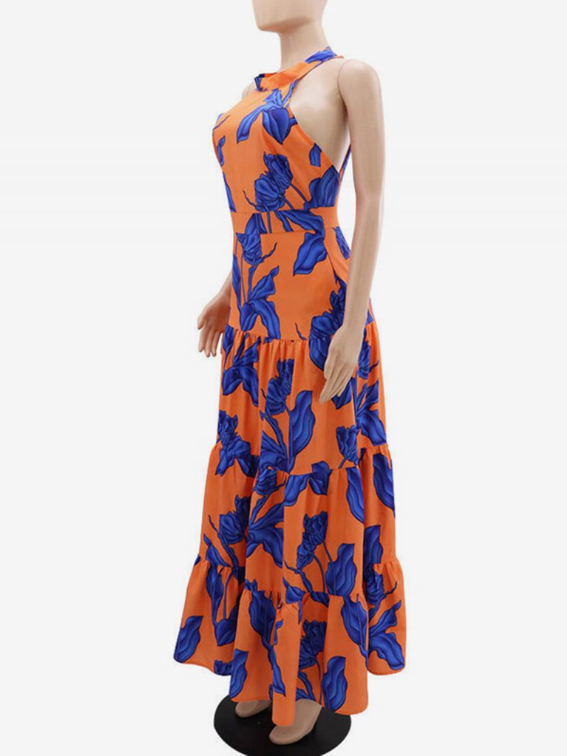 Dames Bloemenjurk Maxi-jurken Bedrukt Mouwloos Halter Elegant Veters Lente - Oranje