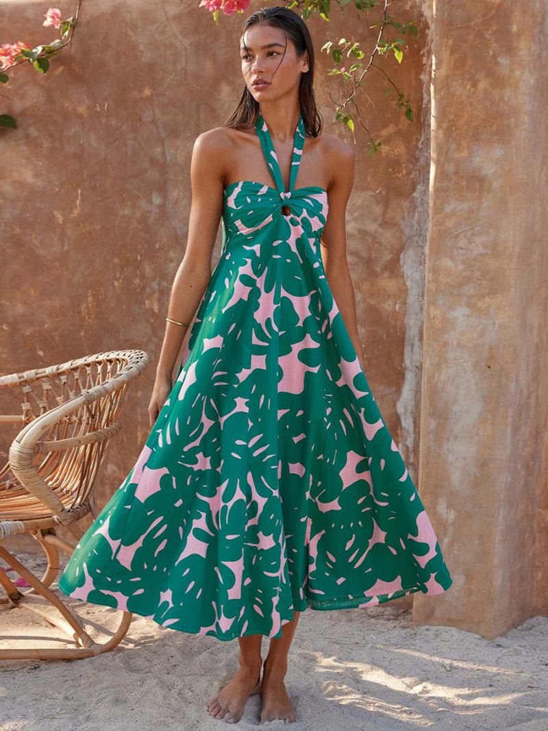 Dames Bloemenjurk Maxi-jurken Bloemenprint Mouwloos Halter Chique Kanten Ruglooze Lange Zomer - Groen