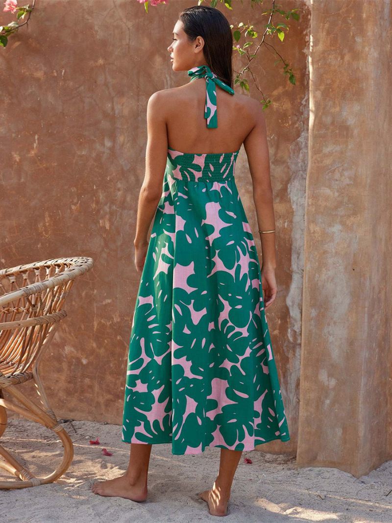 Dames Bloemenjurk Maxi-jurken Bloemenprint Mouwloos Halter Chique Kanten Ruglooze Lange Zomer - Groen