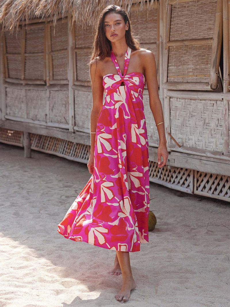 Dames Bloemenjurk Maxi-jurken Bloemenprint Mouwloos Halter Chique Kanten Ruglooze Lange Zomer - Roze