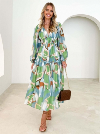 Dames Bloemenjurk Maxi-jurken Jurken Bloemenprint Geplooid V-hals Lange Mouwen Geen Open Naad Casual Zomer Lang