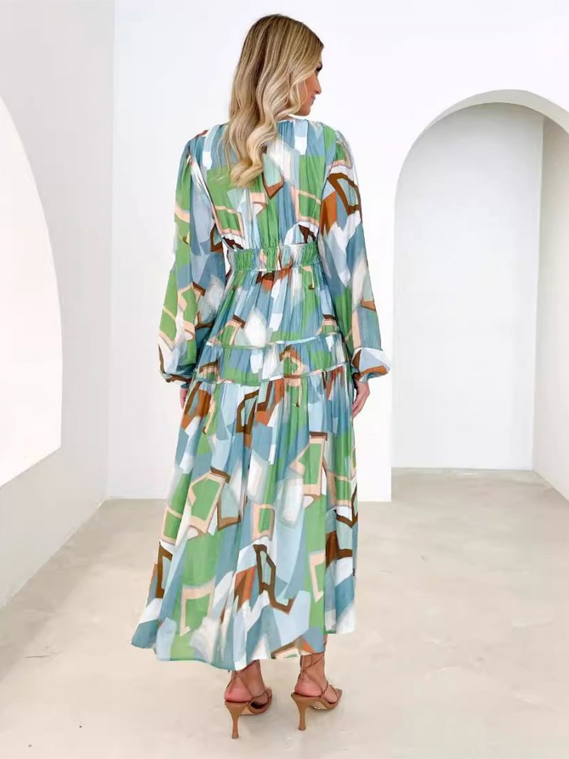 Dames Bloemenjurk Maxi-jurken Jurken Bloemenprint Geplooid V-hals Lange Mouwen Geen Open Naad Casual Zomer Lang - Groen