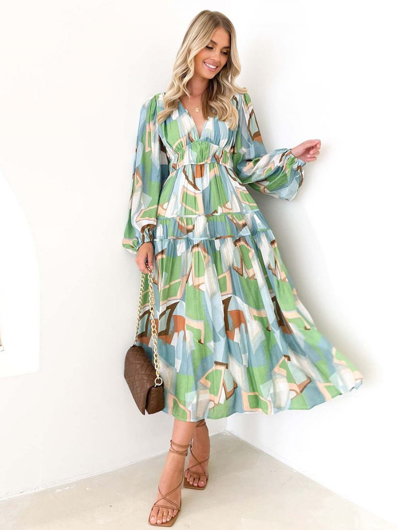 Dames Bloemenjurk Maxi-jurken Jurken Bloemenprint Geplooid V-hals Lange Mouwen Geen Open Naad Casual Zomer Lang - Groen