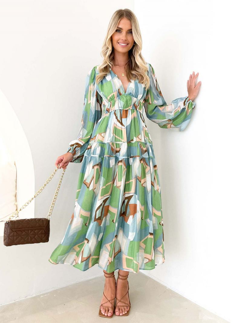 Dames Bloemenjurk Maxi-jurken Jurken Bloemenprint Geplooid V-hals Lange Mouwen Geen Open Naad Casual Zomer Lang - Groen