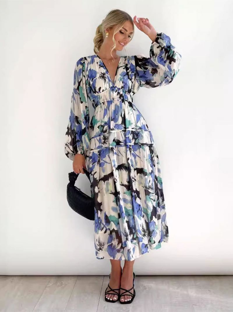 Dames Bloemenjurk Maxi-jurken Jurken Bloemenprint Geplooid V-hals Lange Mouwen Geen Open Naad Casual Zomer Lang - Blauw