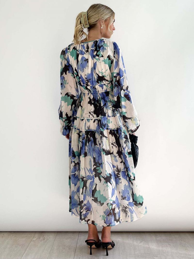 Dames Bloemenjurk Maxi-jurken Jurken Bloemenprint Geplooid V-hals Lange Mouwen Geen Open Naad Casual Zomer Lang - Blauw