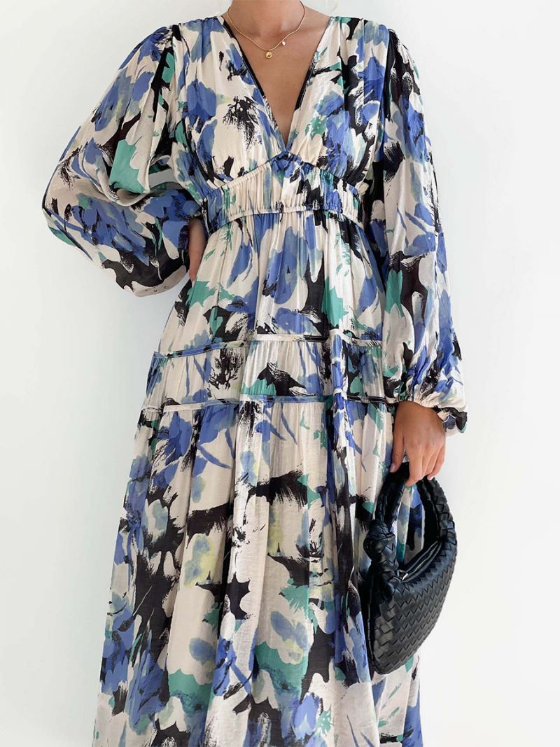 Dames Bloemenjurk Maxi-jurken Jurken Bloemenprint Geplooid V-hals Lange Mouwen Geen Open Naad Casual Zomer Lang - Blauw