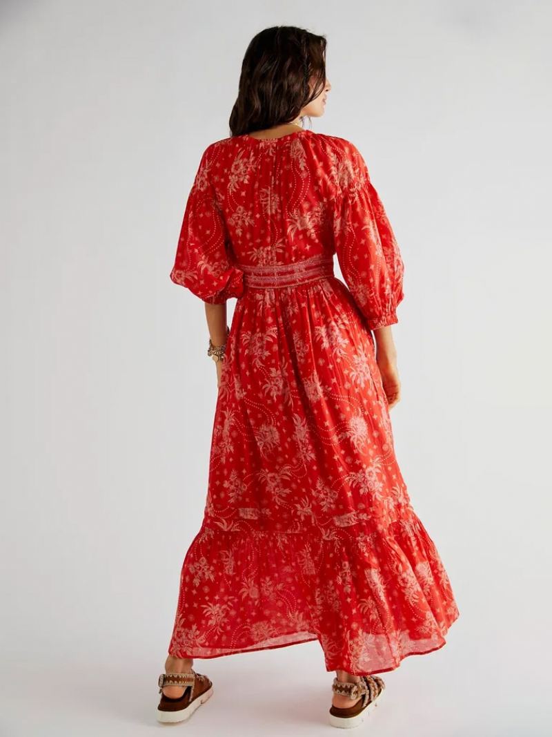 Dames Bloemenjurk Maxi-jurken Jurken Bloemenprint Stretch Geplooid V-hals Halve Mouwen Geen Open Naad Elegant Zomer Lang - Rood