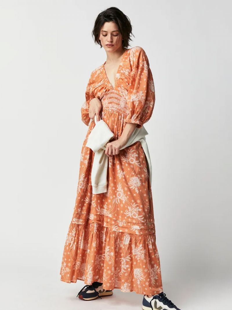 Dames Bloemenjurk Maxi-jurken Jurken Bloemenprint Stretch Geplooid V-hals Halve Mouwen Geen Open Naad Elegant Zomer Lang - Oranje