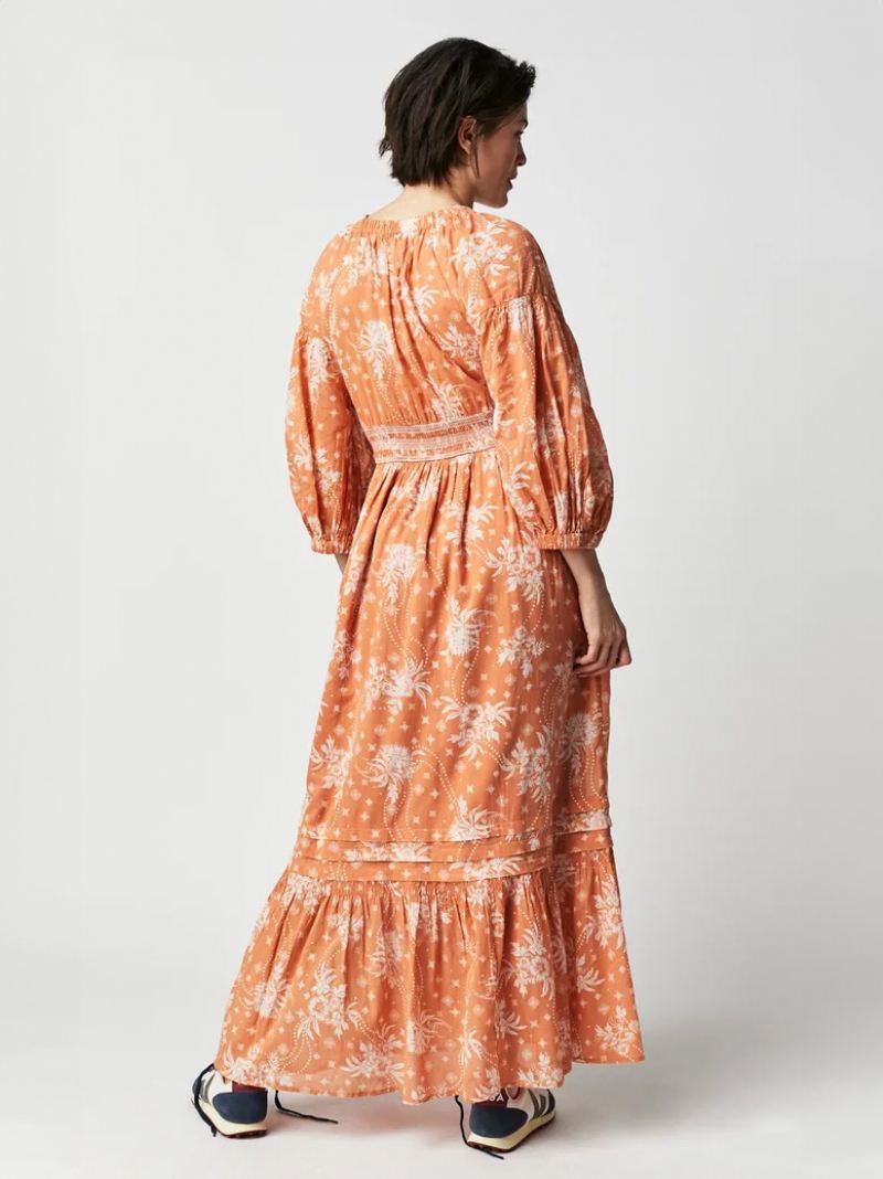 Dames Bloemenjurk Maxi-jurken Jurken Bloemenprint Stretch Geplooid V-hals Halve Mouwen Geen Open Naad Elegant Zomer Lang - Oranje