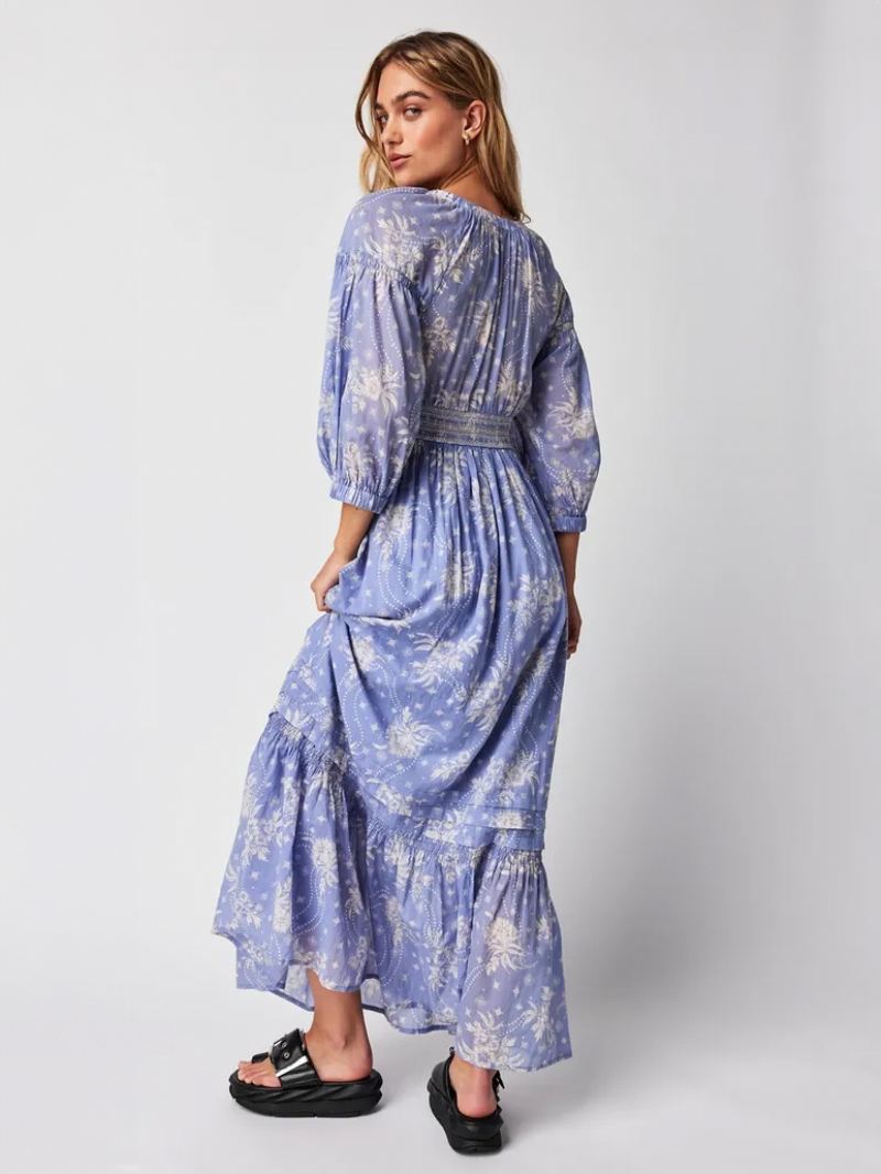 Dames Bloemenjurk Maxi-jurken Jurken Bloemenprint Stretch Geplooid V-hals Halve Mouwen Geen Open Naad Elegant Zomer Lang - Blauw