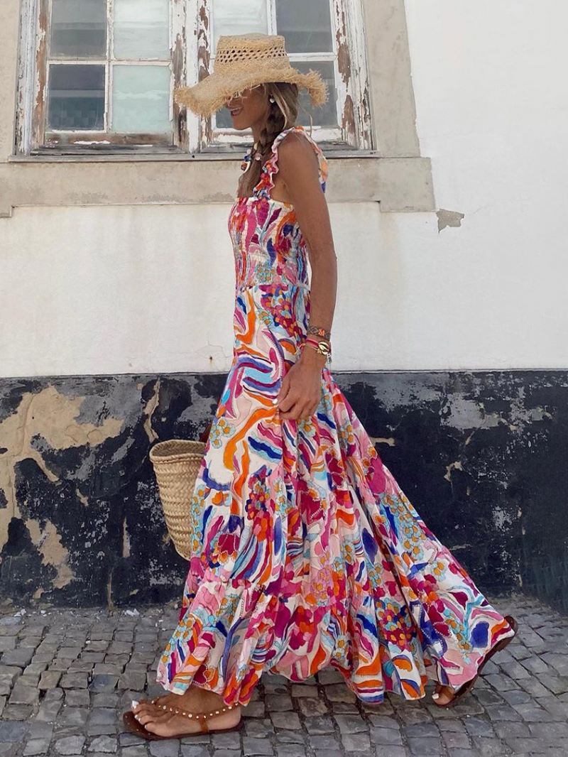 Dames Bloemenjurk Maxi-jurken Jurken Tweekleurig Geplooid Vierkante Hals Mouwloos Rugloos Sexy Zomer - Roze