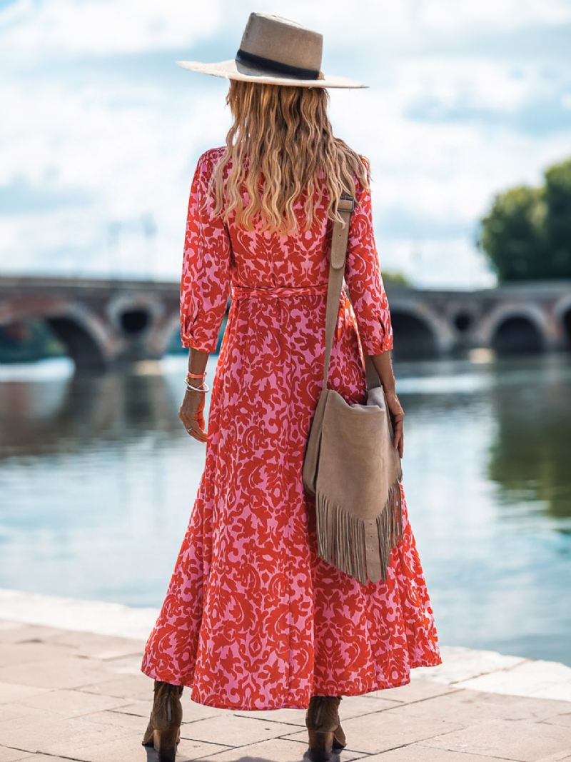 Dames Bloemenjurk Met Lange Mouwen V-hals Casual Herfstlange Jurken - Rood