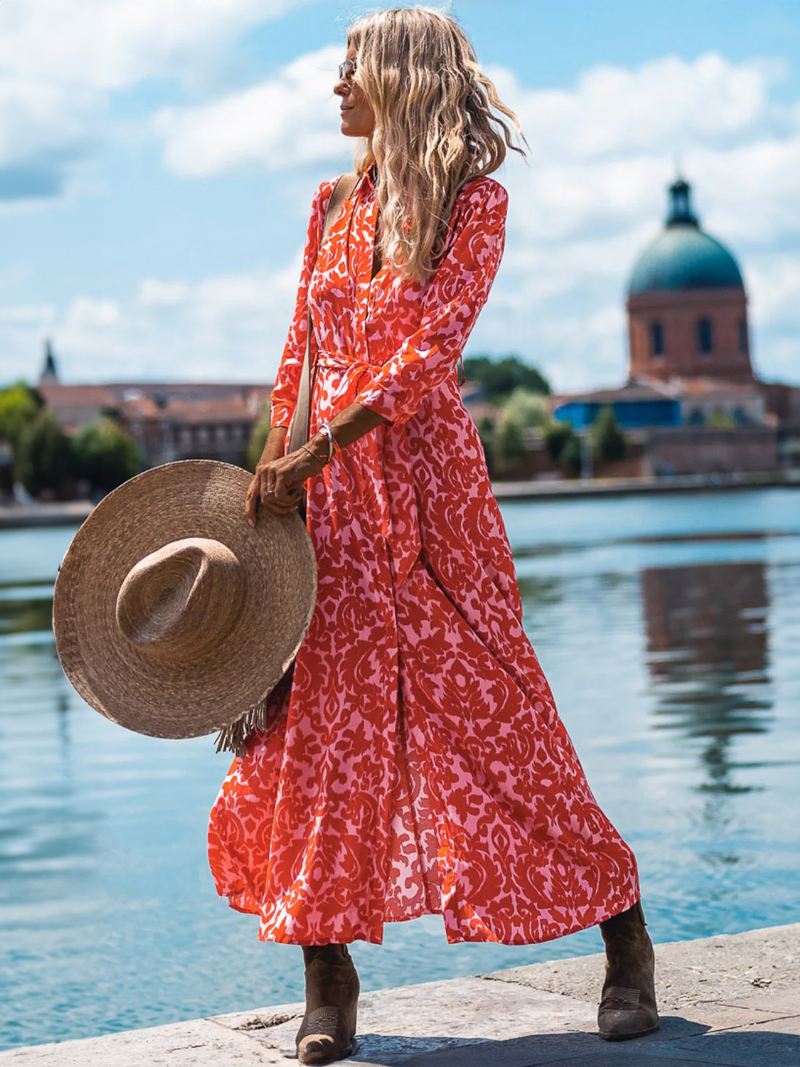 Dames Bloemenjurk Met Lange Mouwen V-hals Casual Herfstlange Jurken - Rood