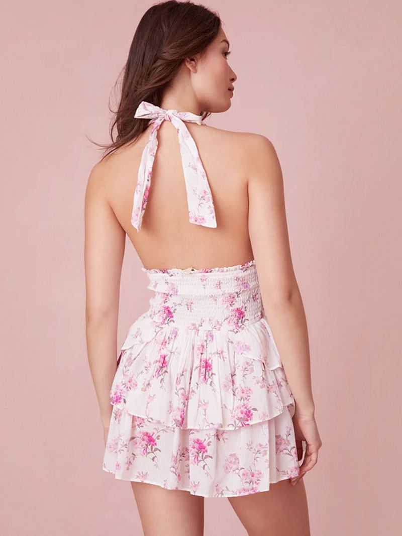 Dames Bloemenjurk Mini-jurken Jurken Bloemenprint Halter Meerlaags Veters Mouwloos Ruglooze Geen Open Naad Sexy Herfst Kort - Roze