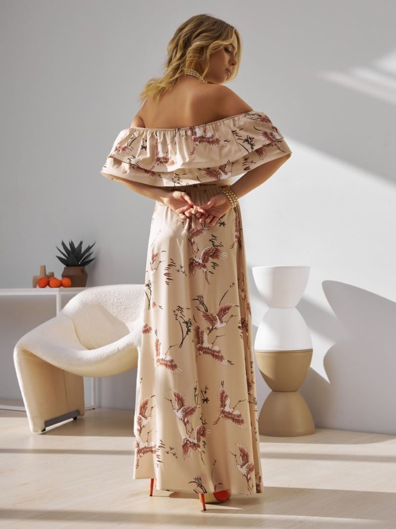 Dames Bloemenjurk Off-shoulder Hoge Split Ruches Casual Zomer Maxi-jurken - Ivoor