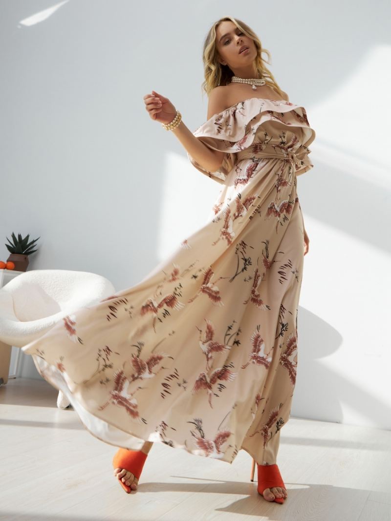 Dames Bloemenjurk Off-shoulder Hoge Split Ruches Casual Zomer Maxi-jurken - Ivoor