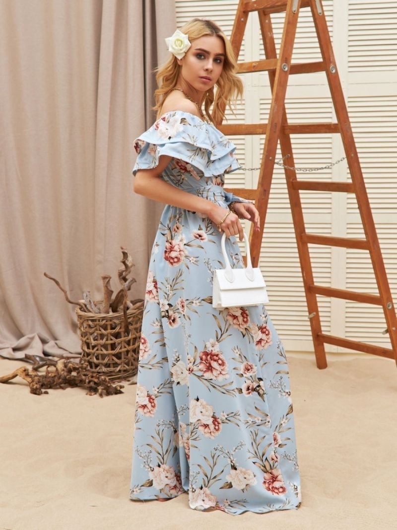 Dames Bloemenjurk Off-shoulder Hoge Split Ruches Casual Zomer Maxi-jurken - Licht Hemelsblauw