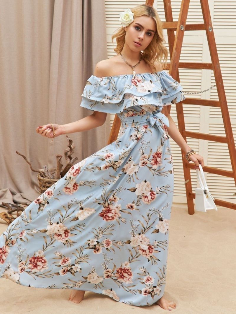 Dames Bloemenjurk Off-shoulder Hoge Split Ruches Casual Zomer Maxi-jurken - Licht Hemelsblauw