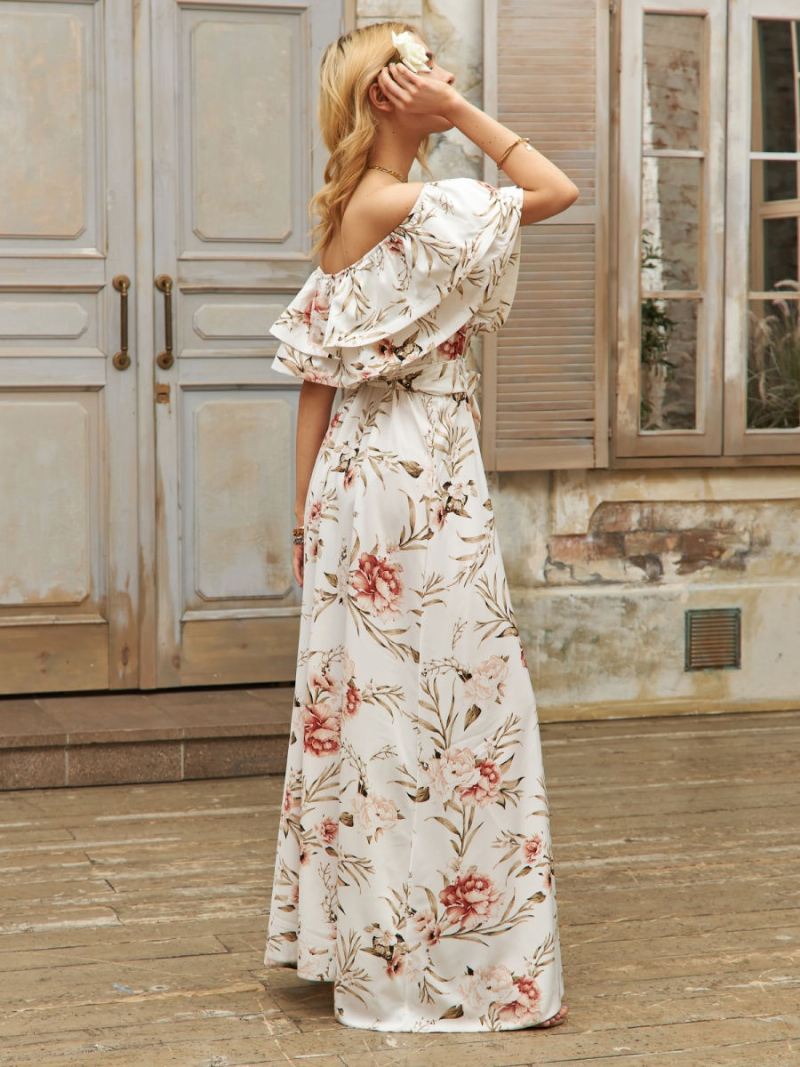 Dames Bloemenjurk Off-shoulder Hoge Split Ruches Casual Zomer Maxi-jurken - Beige