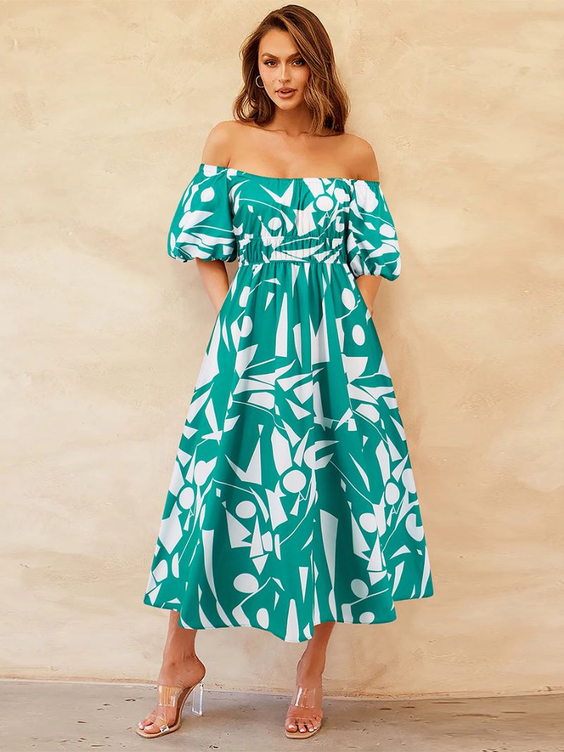 Dames Bloemenjurk Off-shoulder Pofmouwen Casual Zomer Midi-jurken - Groen