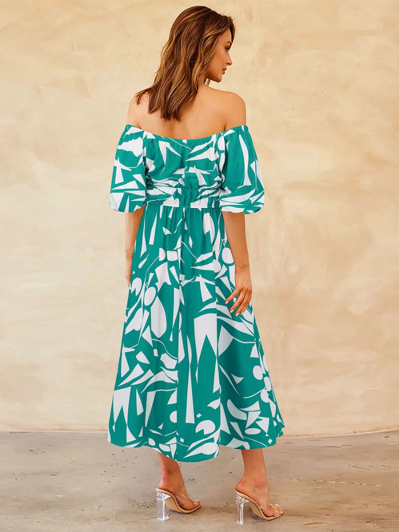 Dames Bloemenjurk Off-shoulder Pofmouwen Casual Zomer Midi-jurken - Groen