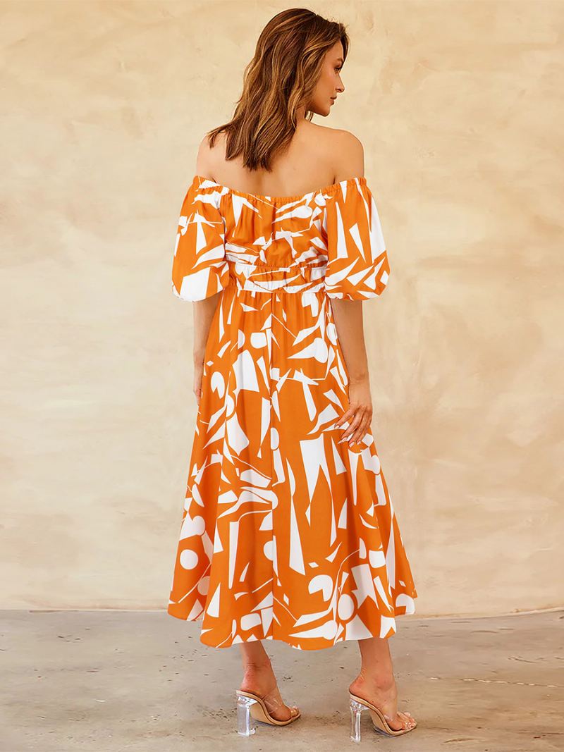 Dames Bloemenjurk Off-shoulder Pofmouwen Casual Zomer Midi-jurken - Oranje