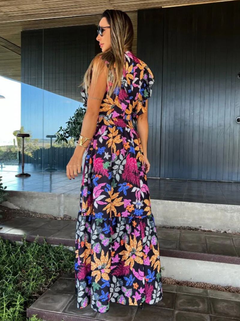 Dames Bloemenjurk V-hals Mouwloos Gelaagde Resort Casual Zomer Maxi-jurken - Zwart