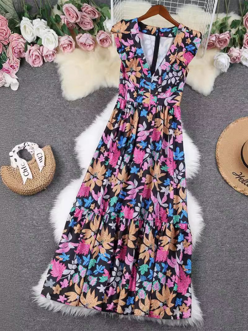 Dames Bloemenjurk V-hals Mouwloos Gelaagde Resort Casual Zomer Maxi-jurken - Zwart