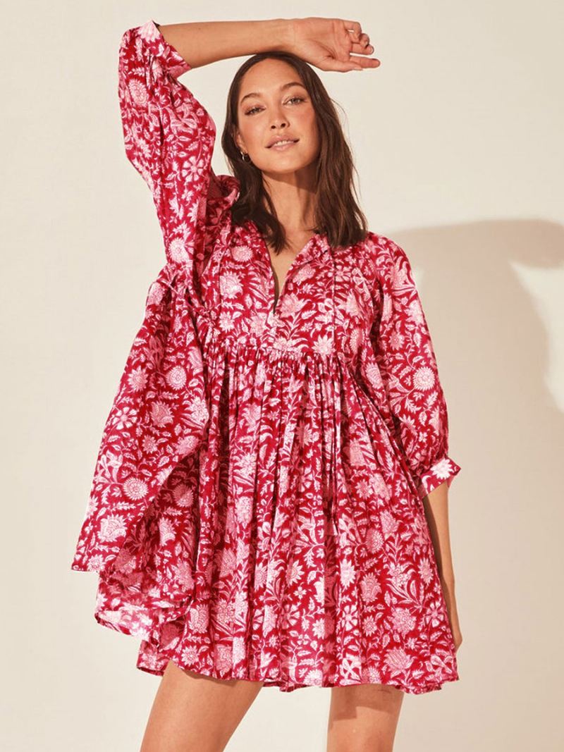 Dames Boho-jurk Met V-hals Halve Mouwen Oversized Strandjurk Print - Roze