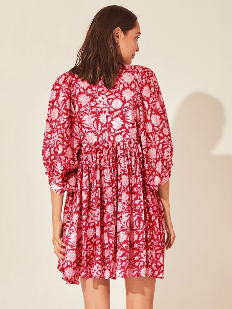 Dames Boho-jurk Met V-hals Halve Mouwen Oversized Strandjurk Print - Roze