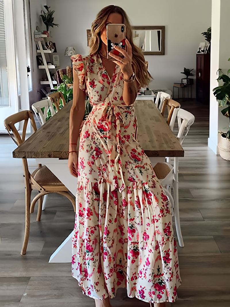 Dames Lange Jurk V-hals Mouwloos Vetersluiting Geplooide Ruches Bloemenprint Stretch Maxi-jurk