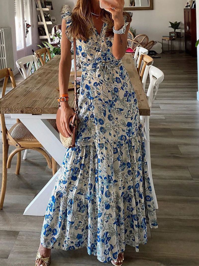 Dames Lange Jurk V-hals Mouwloos Vetersluiting Geplooide Ruches Bloemenprint Stretch Maxi-jurk - Blauw