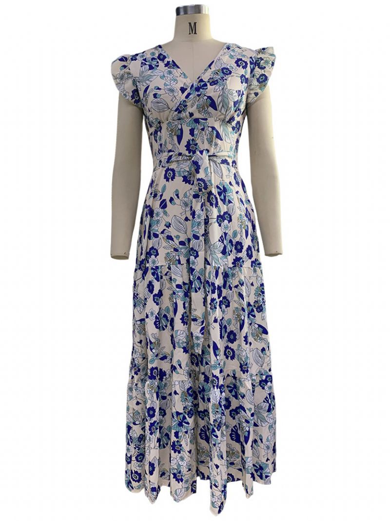 Dames Lange Jurk V-hals Mouwloos Vetersluiting Geplooide Ruches Bloemenprint Stretch Maxi-jurk - Blauw