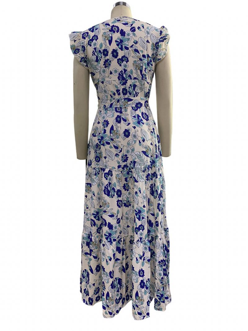 Dames Lange Jurk V-hals Mouwloos Vetersluiting Geplooide Ruches Bloemenprint Stretch Maxi-jurk - Blauw